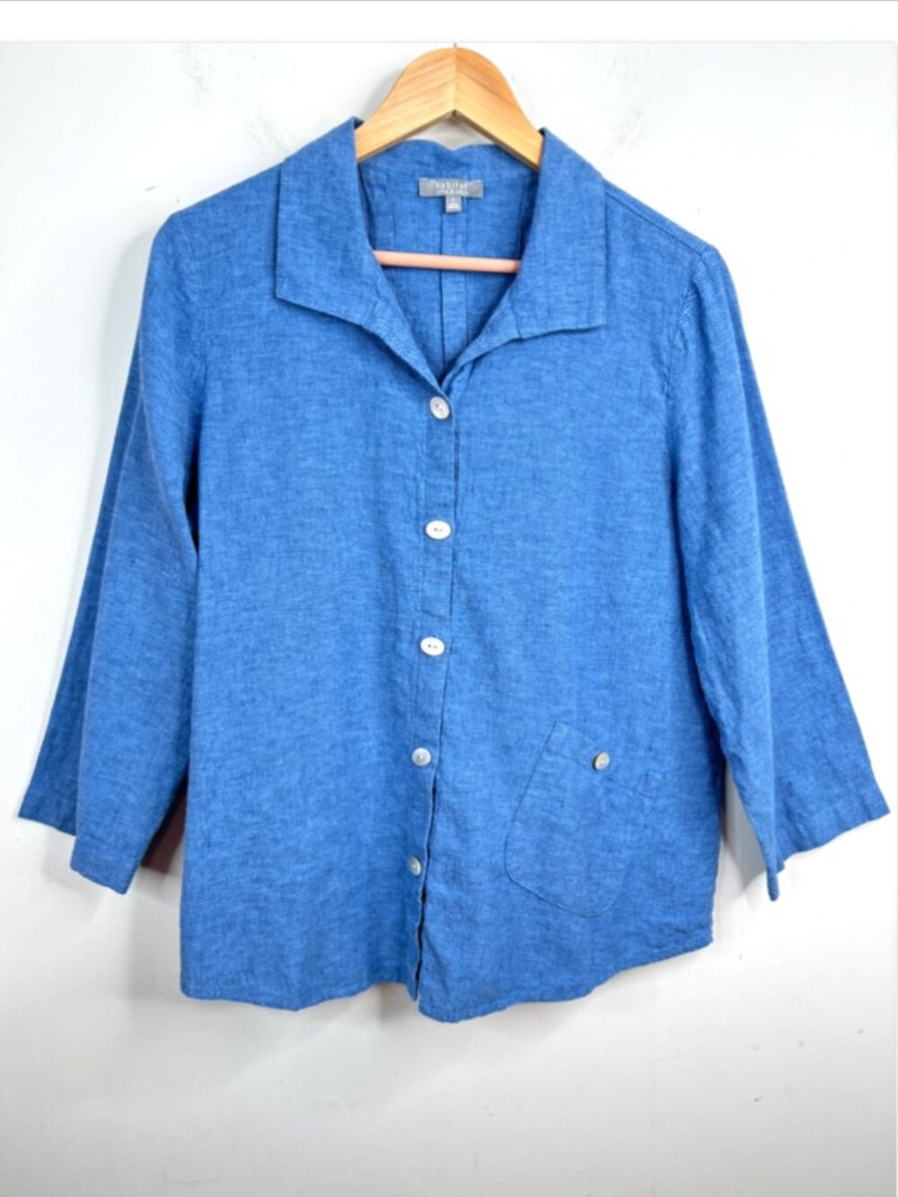 Habitat Linen Top S Blue Button Front Jacket Boho Lagenlook Artsy Lightweight